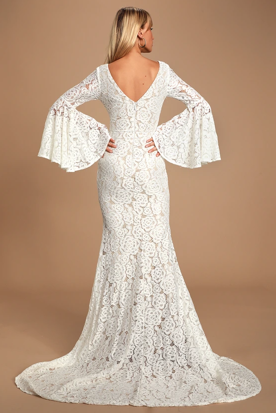 lulu wedding Duchess Ivory Lace Bell Sleeve Maxi Dress