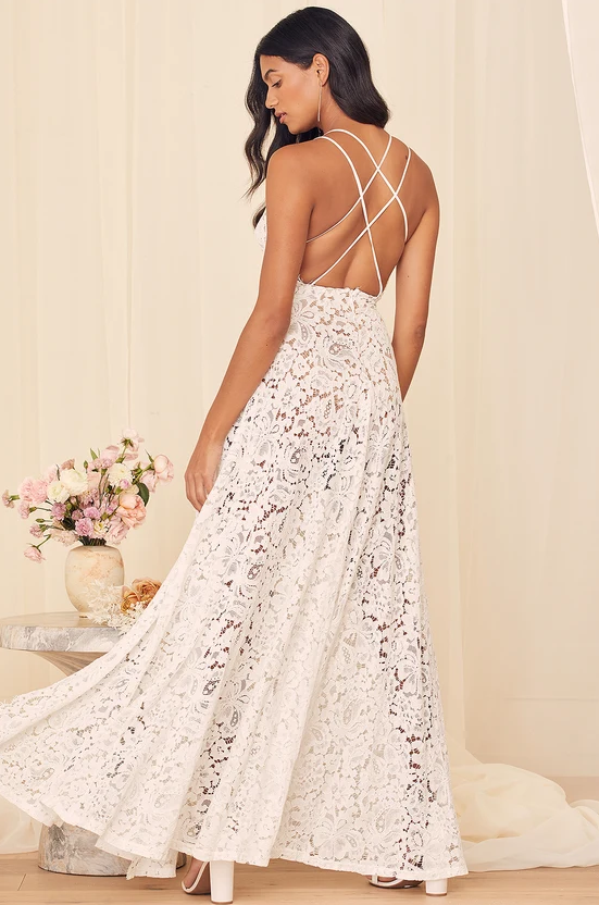 lulu wedding White Lace Backless Maxi Dress