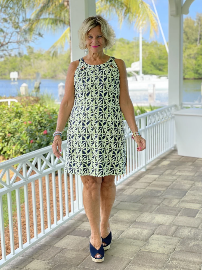 GREEN AND NAVY PALM HALTER DRESS