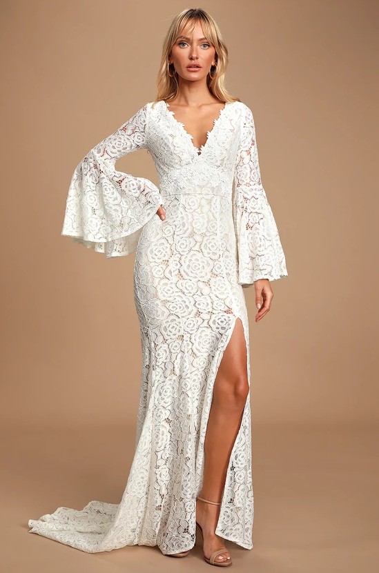 lulu wedding Duchess Ivory Lace Bell Sleeve Maxi Dress
